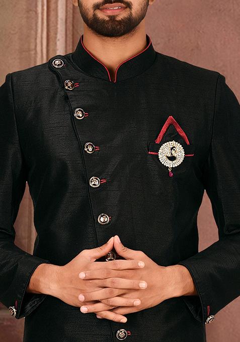 Black Embroidered Dupion Art Silk Indo Western Sherwani Set For Men