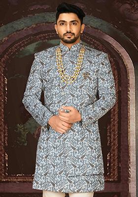 Sky Blue Embroidered Jacquard Indo Western Sherwani For Men