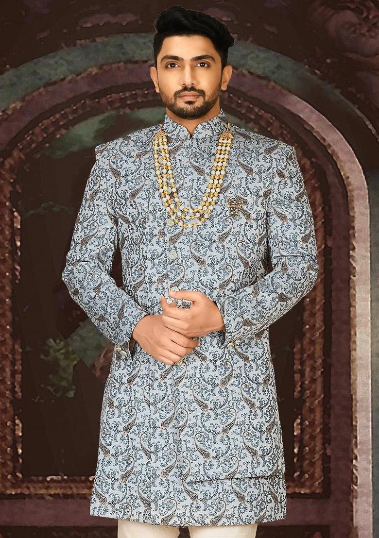 Sky Blue Embroidered Jacquard Indo Western Sherwani For Men