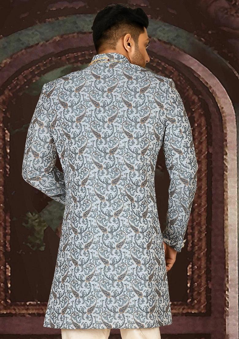 Sky Blue Embroidered Jacquard Indo Western Sherwani For Men