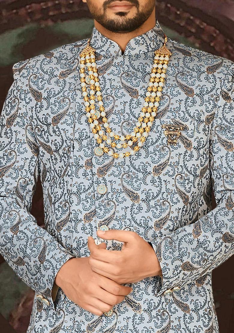 Sky Blue Embroidered Jacquard Indo Western Sherwani For Men