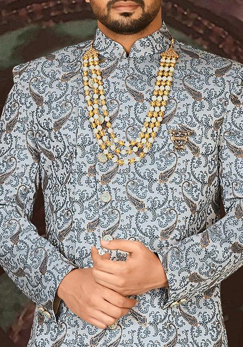 Sky Blue Embroidered Jacquard Indo Western Sherwani For Men