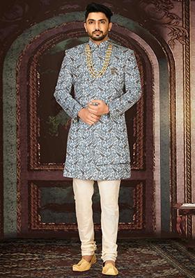 Sky Blue Embroidered Jacquard Indo Western Sherwani Set For Men