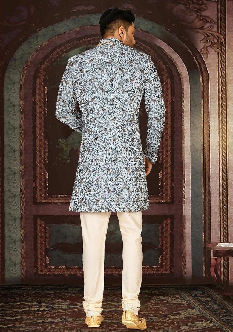 Sky Blue Embroidered Jacquard Indo Western Sherwani Set For Men