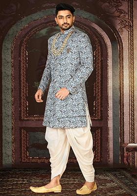 Sky Blue Embroidered Jacquard Indo Western Sherwani Set For Men