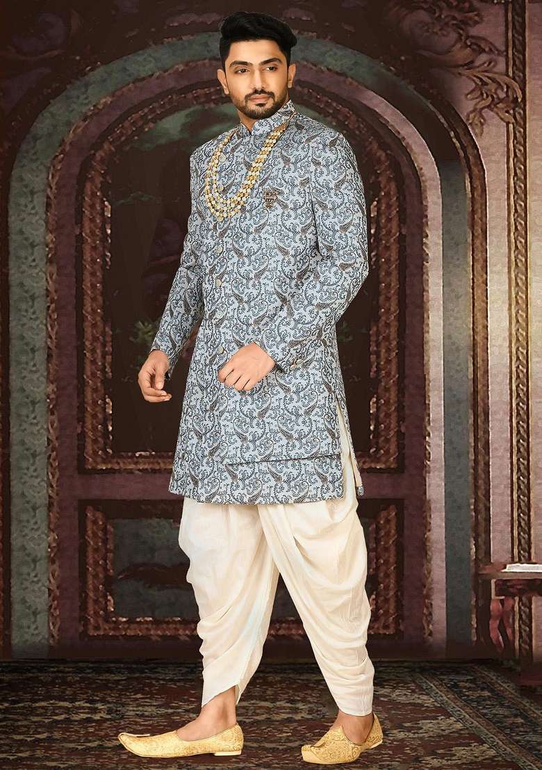 Sky Blue Embroidered Jacquard Indo Western Sherwani Set For Men - Indya