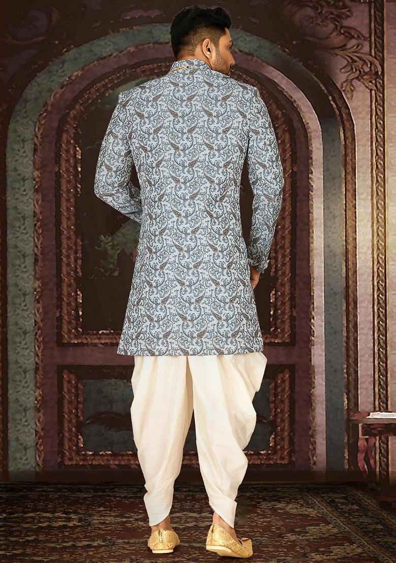 Sky Blue Embroidered Jacquard Indo Western Sherwani Set For Men