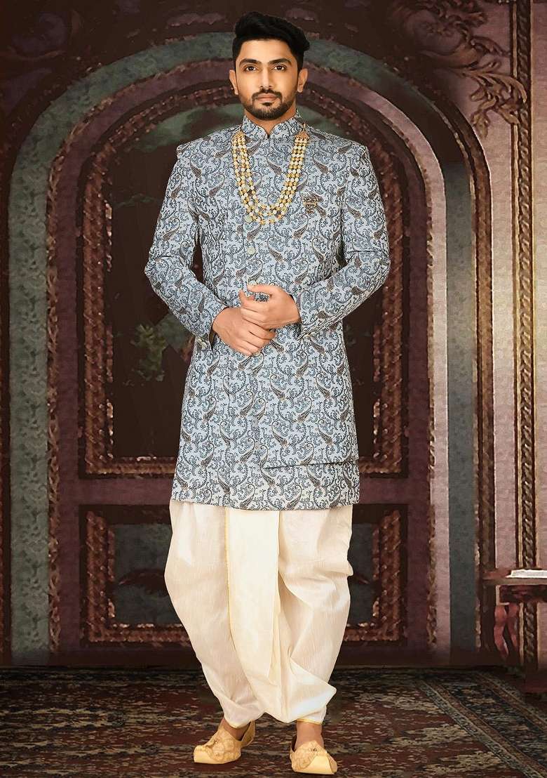 Sky Blue Embroidered Jacquard Indo Western Sherwani Set For Men - Indya