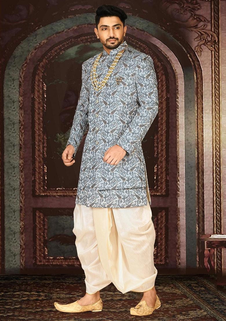 Sky Blue Embroidered Jacquard Indo Western Sherwani Set For Men