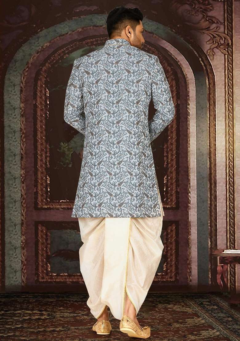 Sky Blue Embroidered Jacquard Indo Western Sherwani Set For Men - Indya