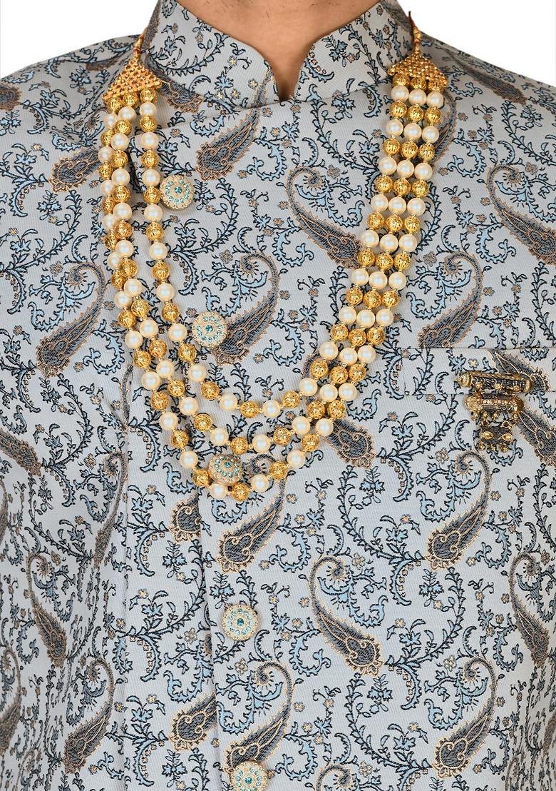 Sky Blue Embroidered Jacquard Indo Western Sherwani Set For Men