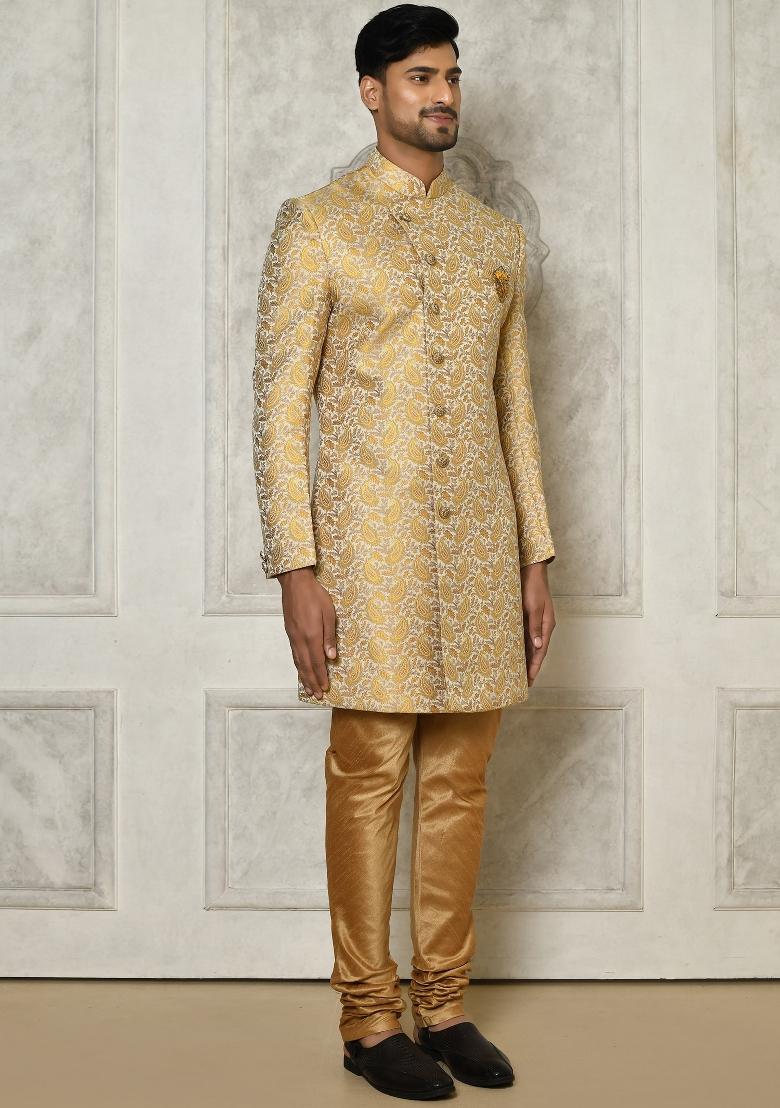 Yellow Embroidered Jacquard Indo Western Sherwani For Men