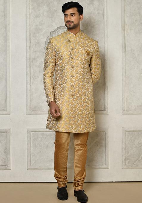 Yellow Embroidered Jacquard Indo Western Sherwani For Men