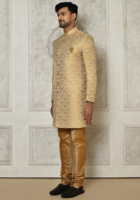 Yellow Embroidered Jacquard Indo Western Sherwani For Men