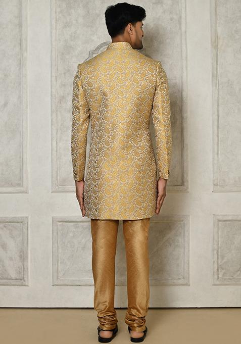 Yellow Embroidered Jacquard Indo Western Sherwani For Men