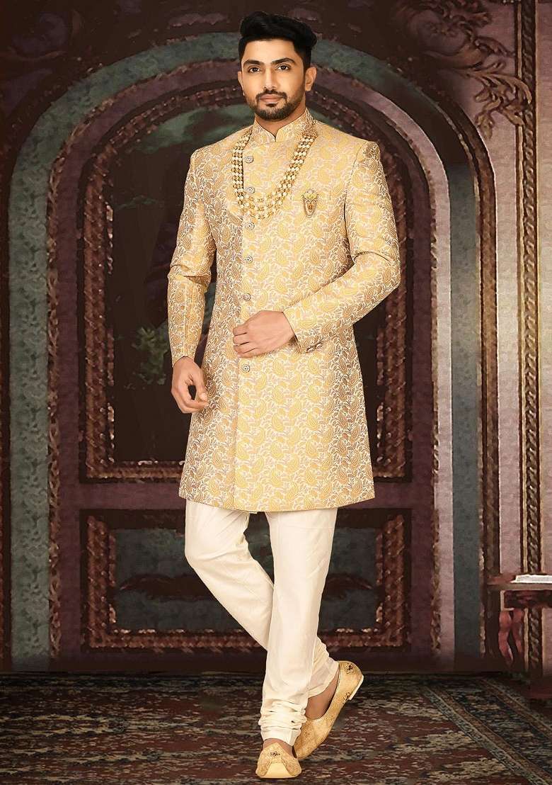 Yellow Embroidered Jacquard Indo Western Sherwani Set For Men - Indya