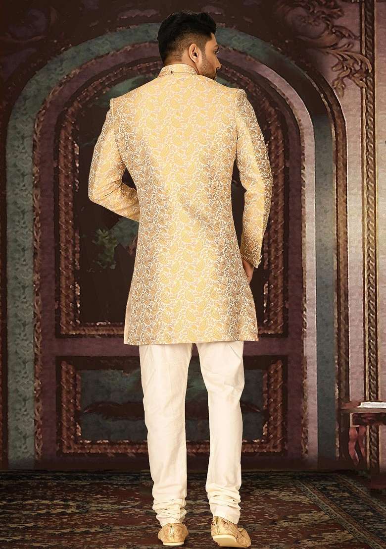 Yellow Embroidered Jacquard Indo Western Sherwani Set For Men - Indya