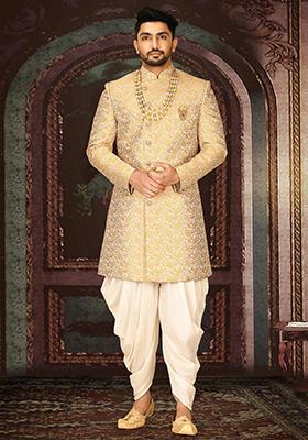Yellow Embroidered Jacquard Indo Western Sherwani Set For Men