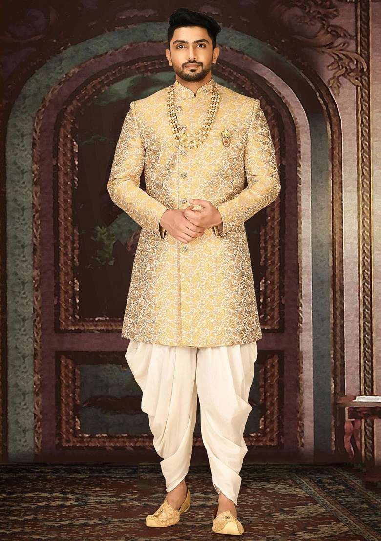 Yellow Embroidered Jacquard Indo Western Sherwani Set For Men - Indya