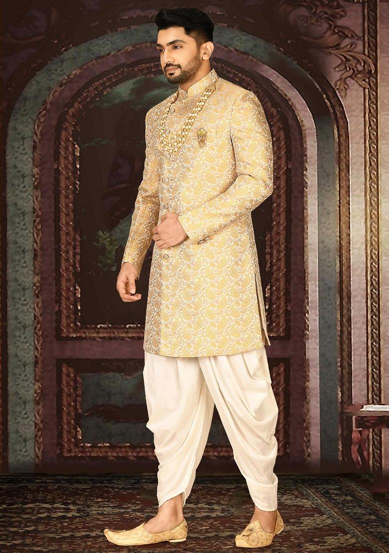 Yellow Embroidered Jacquard Indo Western Sherwani Set For Men