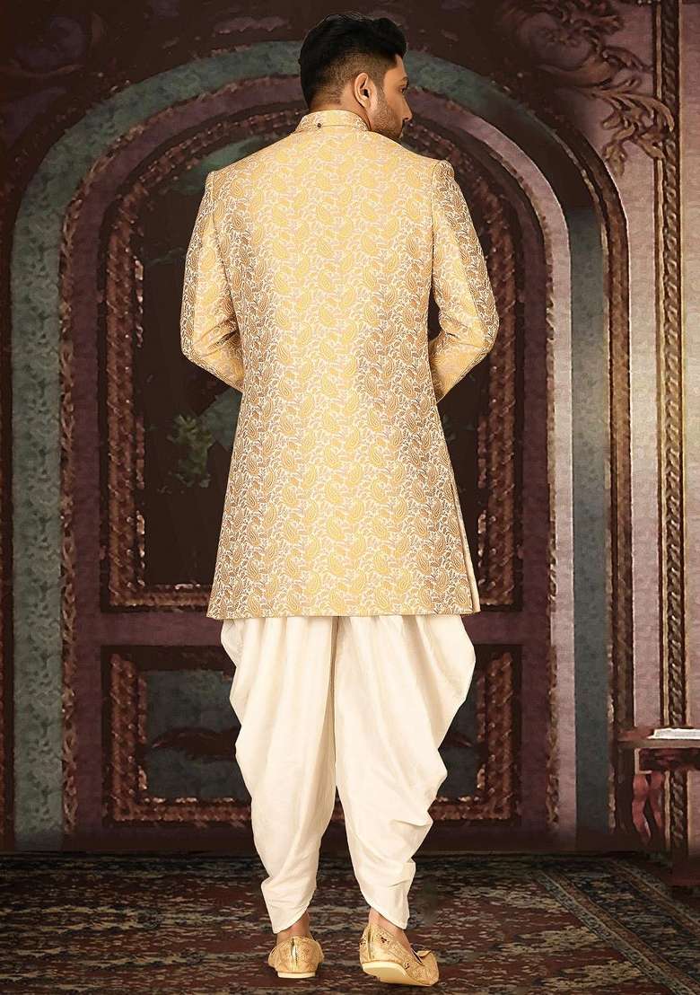 Yellow Embroidered Jacquard Indo Western Sherwani Set For Men - Indya