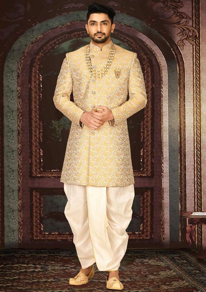 Yellow Embroidered Jacquard Indo Western Sherwani Set For Men - Indya
