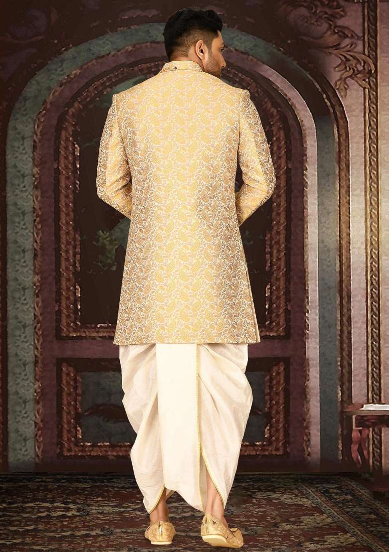 Yellow Embroidered Jacquard Indo Western Sherwani Set For Men - Indya