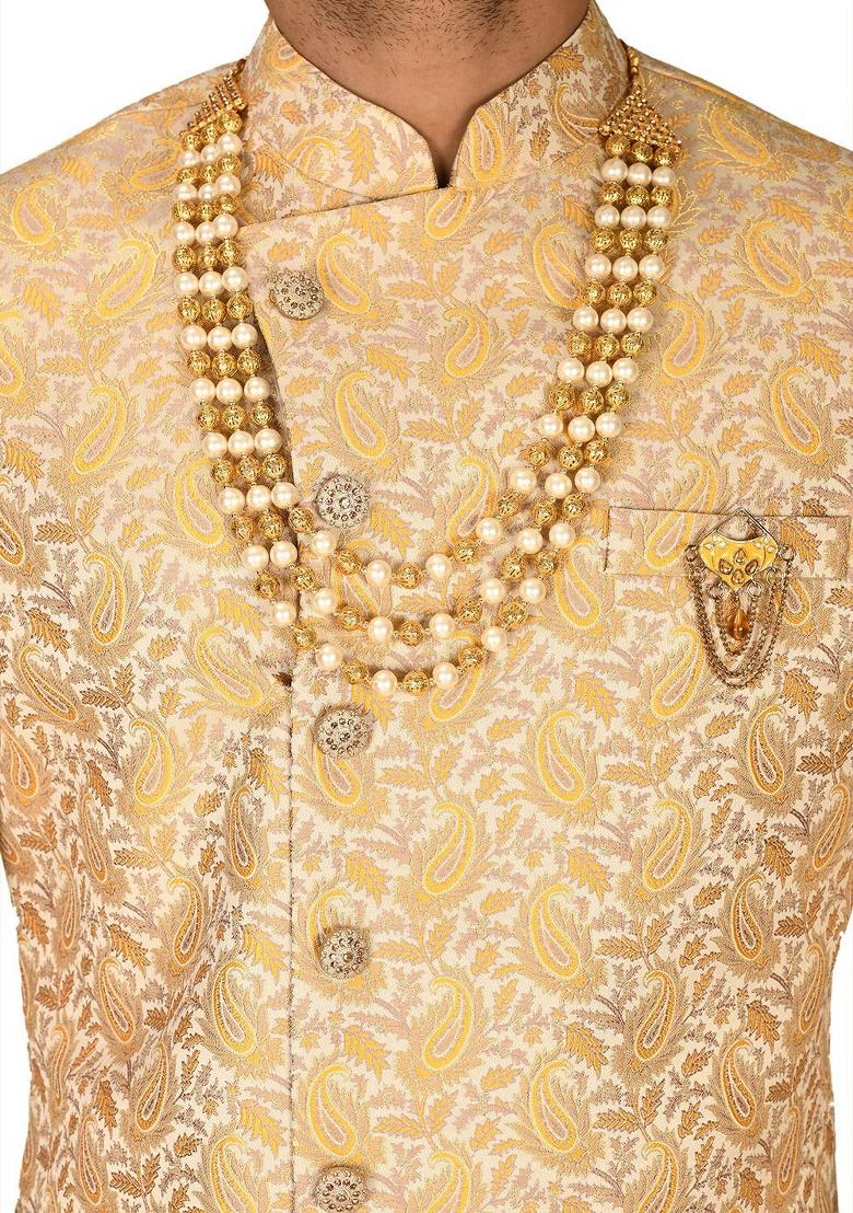 Yellow Embroidered Jacquard Indo Western Sherwani Set For Men