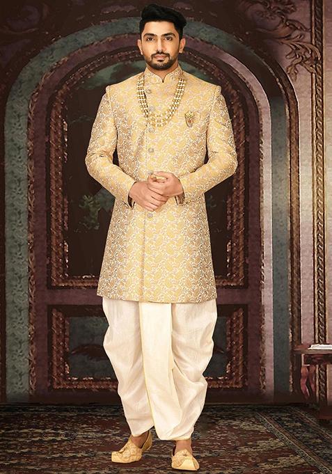 Yellow Embroidered Jacquard Indo Western Sherwani Set For Men
