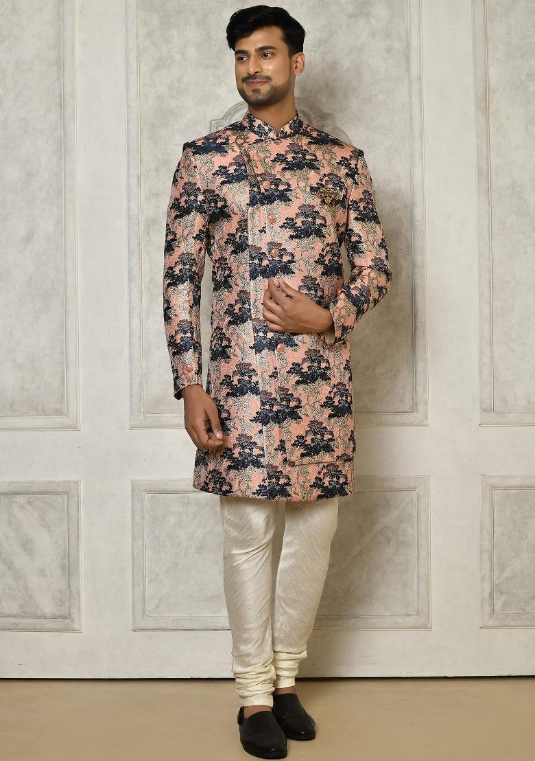 Peach Embroidered Jacquard Indo Western Sherwani For Men