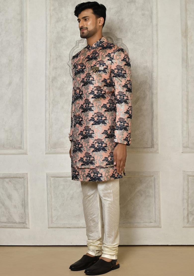 Peach Embroidered Jacquard Indo Western Sherwani For Men