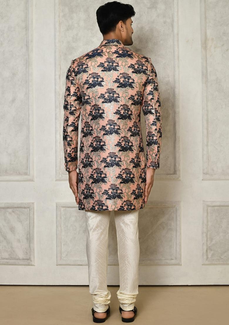Peach Embroidered Jacquard Indo Western Sherwani For Men