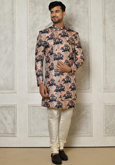 Peach Embroidered Jacquard Indo Western Sherwani For Men