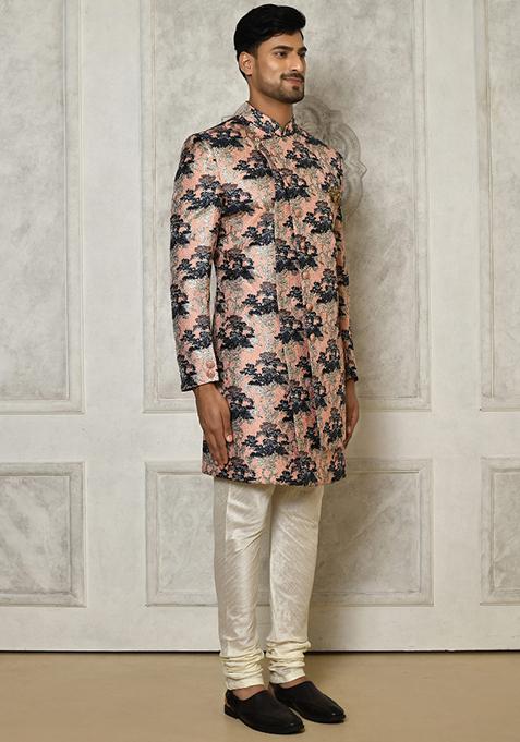 Peach Embroidered Jacquard Indo Western Sherwani For Men