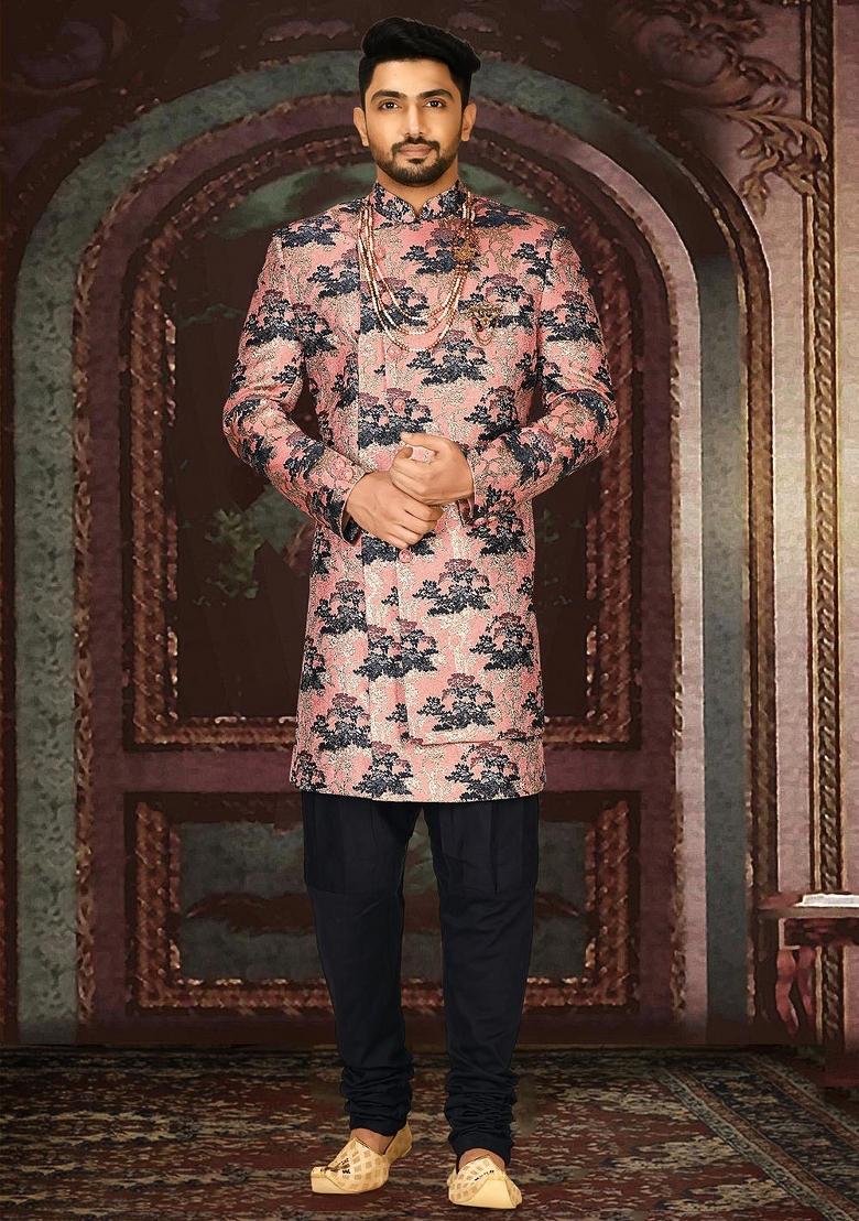 Peach Embroidered Jacquard Indo Western Sherwani Set For Men