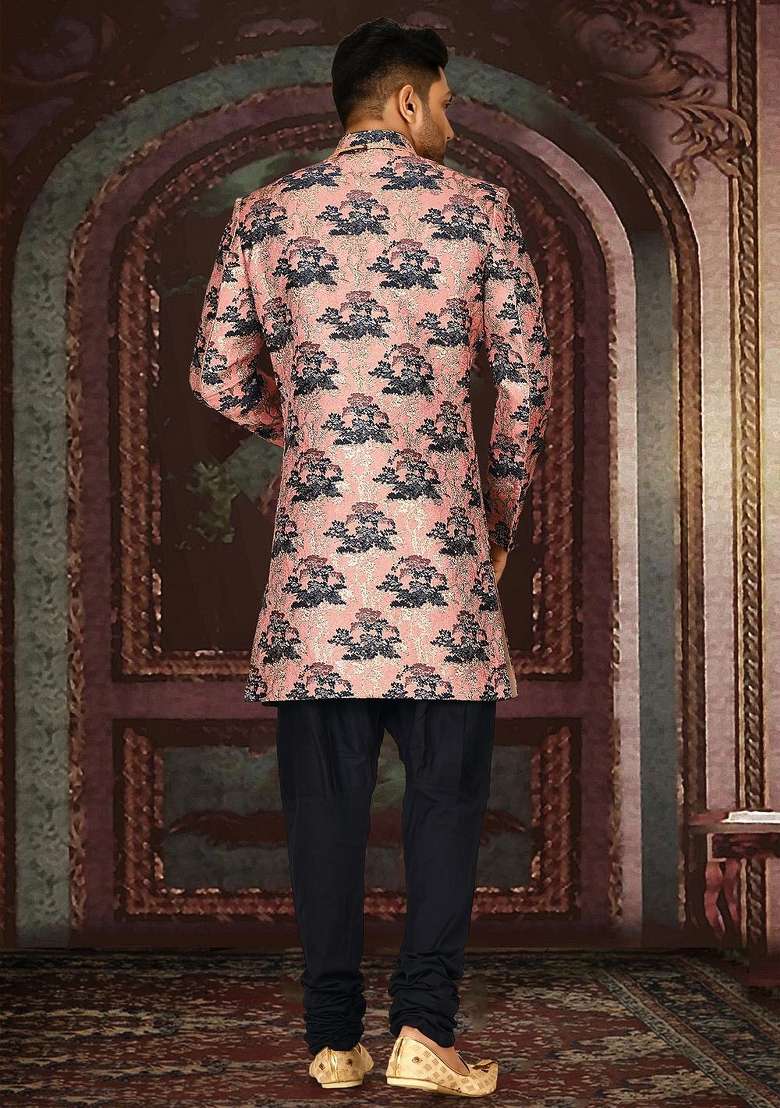 Peach Embroidered Jacquard Indo Western Sherwani Set For Men - Indya