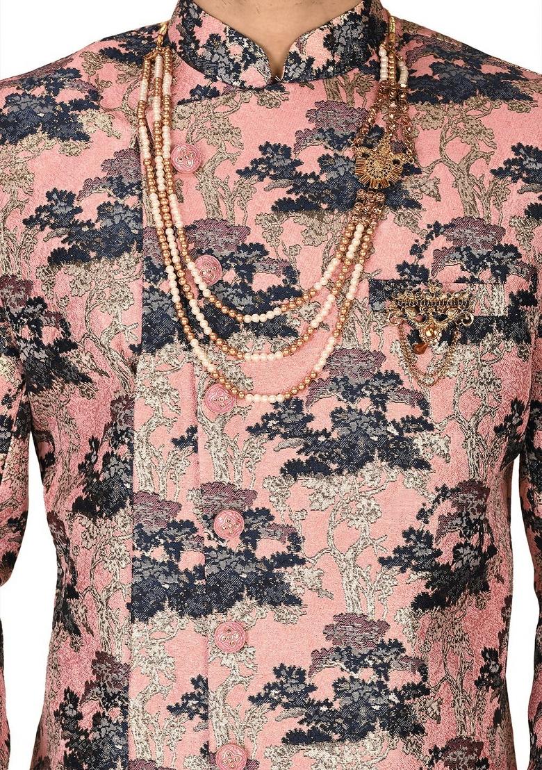 Peach Embroidered Jacquard Indo Western Sherwani Set For Men