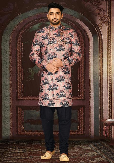 Peach Embroidered Jacquard Indo Western Sherwani Set For Men