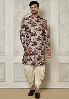 Peach Embroidered Jacquard Indo Western Sherwani Set For Men