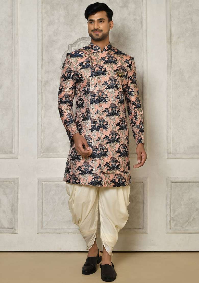 Peach Embroidered Jacquard Indo Western Sherwani Set For Men - Indya