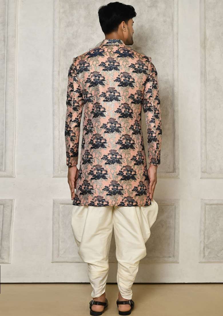 Peach Embroidered Jacquard Indo Western Sherwani Set For Men - Indya