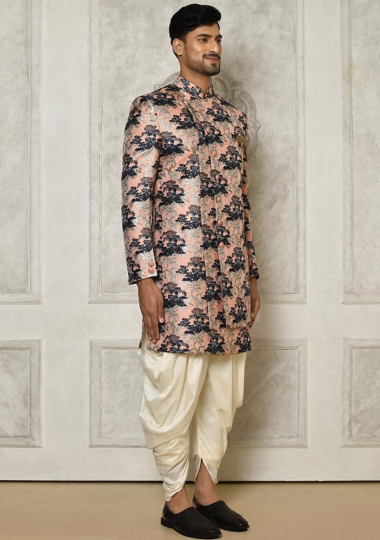 Peach Embroidered Jacquard Indo Western Sherwani Set For Men