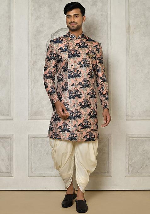 Peach Embroidered Jacquard Indo Western Sherwani Set For Men