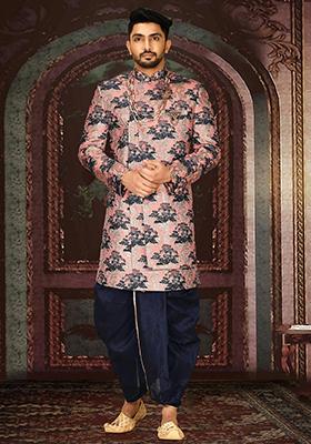 Peach Embroidered Jacquard Indo Western Sherwani Set For Men