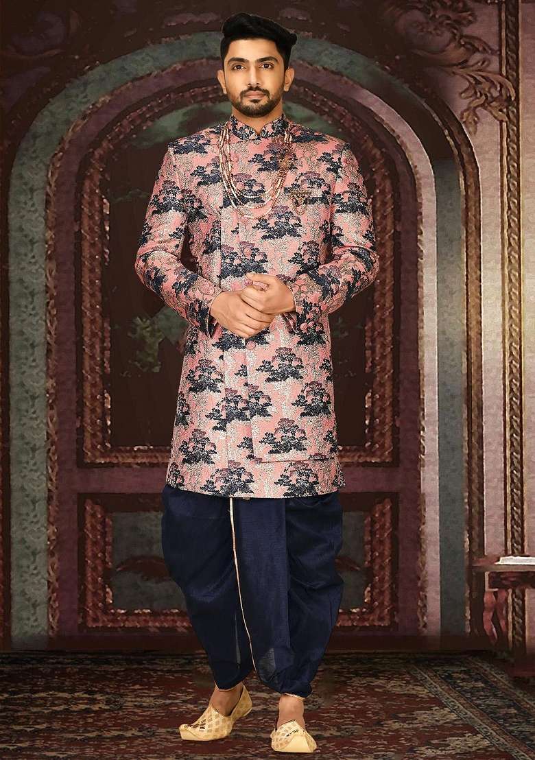 Peach Embroidered Jacquard Indo Western Sherwani Set For Men - Indya