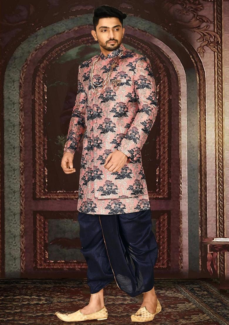 Peach Embroidered Jacquard Indo Western Sherwani Set For Men