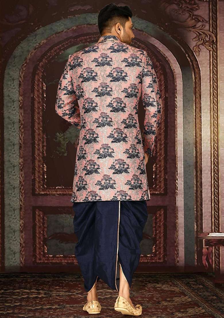 Peach Embroidered Jacquard Indo Western Sherwani Set For Men - Indya