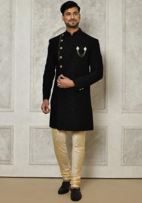 Black Embroidered Swed Velvet Indo Western Sherwani Set For Men