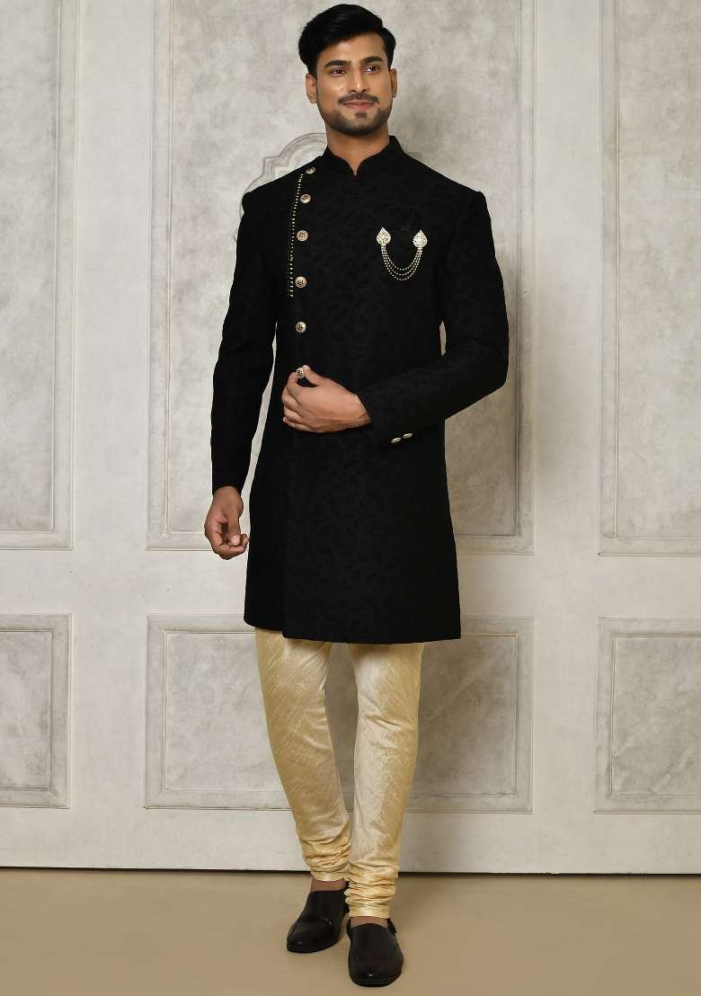 Black Embroidered Swed Velvet Indo Western Sherwani Set For Men - Indya