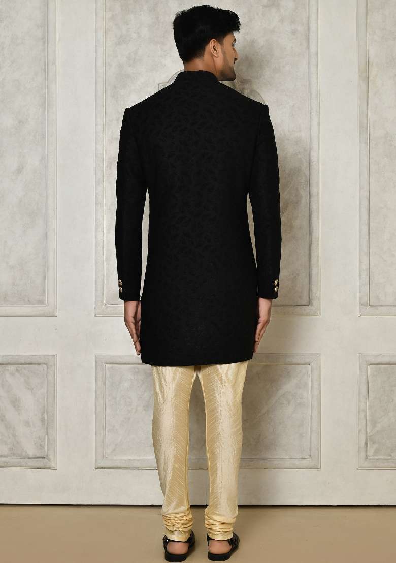 Black Embroidered Swed Velvet Indo Western Sherwani Set For Men - Indya